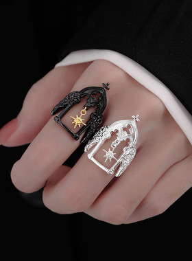 法国chrry koop年新款中古风古堡黑金戒指复古失去翅膀的天使