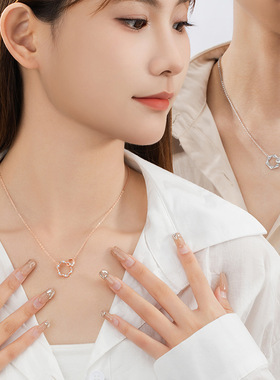 环环相扣925纯银情侣项链男女