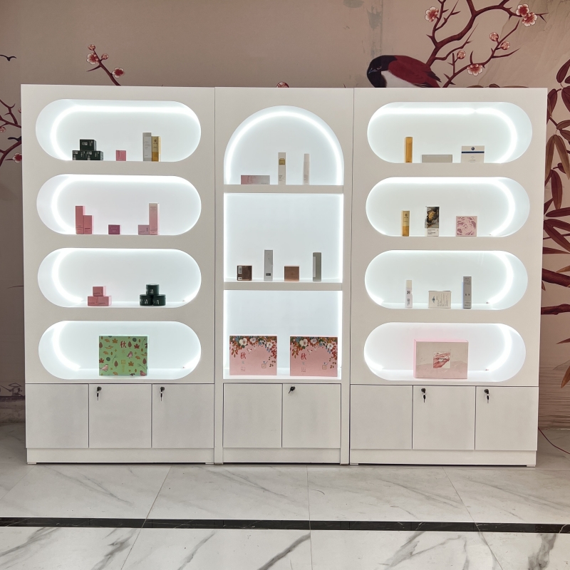 美容院化妆品展示柜弧形烤漆直播间产品货架护肤品指甲油展柜定制