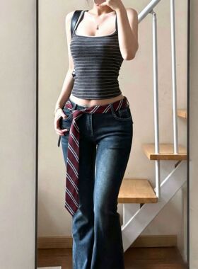 有趣琳 腰饰女美式复古系腰领带酒红条纹辣妹腰链