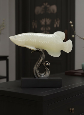 有趣琳 鱼形陶瓷摆件白色国学风客厅书房饰