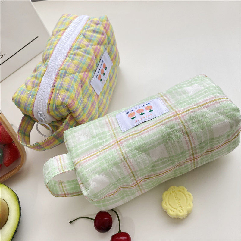 有趣琳 19162 韩国笔袋ins绗缝柔软手提格子收纳整理帆布化妆包,淘宝优惠券,粉丝福利购,淘宝优惠卷