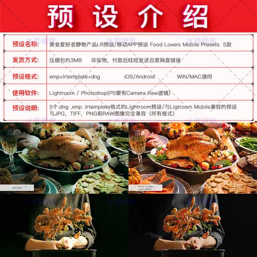 5款LR美食预设静物小吃中西餐炒菜调色滤镜Food Mobile Presets - 图0