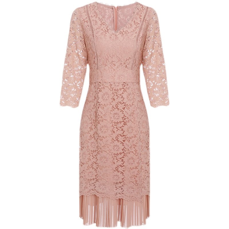 平常可穿妈妈蕾丝连衣裙2024夏短袖高贵婆婆婚宴装蕾丝拼接百褶裙