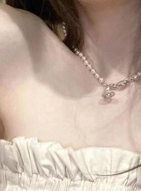 珐琅珍珠立体土星复古小众欧美时髦项链尚金属银黄铜朋克绿少女可