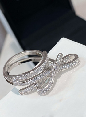 【白兔家高品质！纯银精工】蝴蝶结戒指满钻多层立体环甜美名媛百