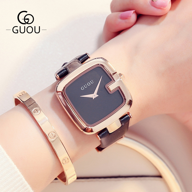 GUOU正品方形潮流时尚简约韩女士学生防水真皮带女表石英手表腕表