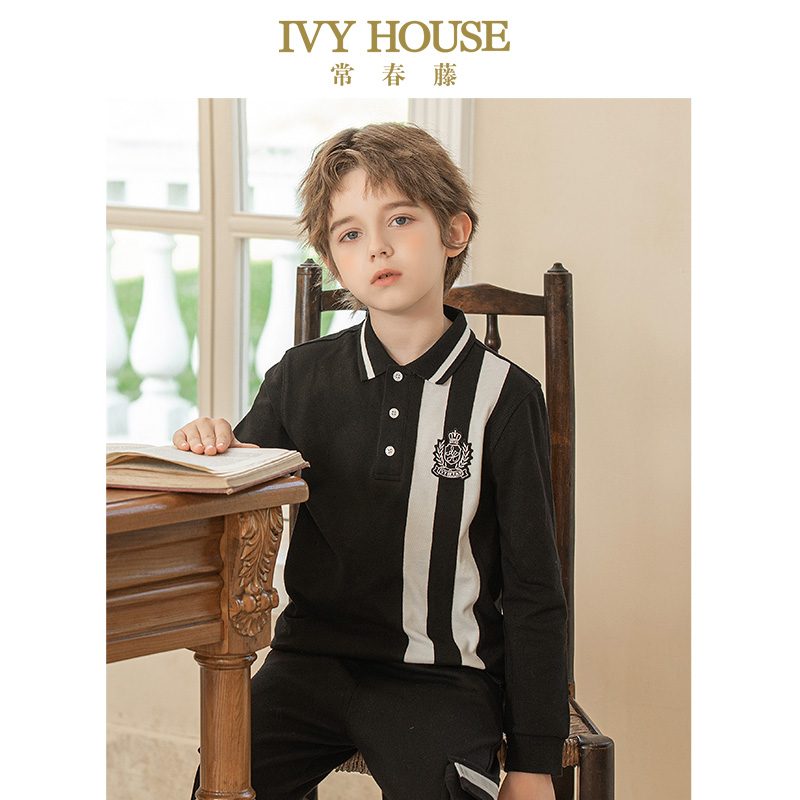 IVY HOUSE常春藤儿童装男大童POLO衫春秋 拼色长袖T恤上衣亲子装 - 图2