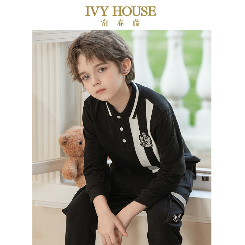 IVY HOUSE常春藤儿童装男大童POLO衫春秋 拼色长袖T恤上衣亲子装 - 图0