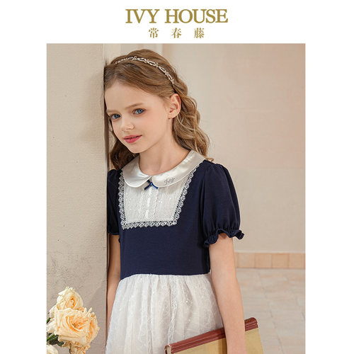 IVY HOUSE常春藤儿童装女童夏季新款 时尚学院花式前襟短袖连衣裙 - 图0