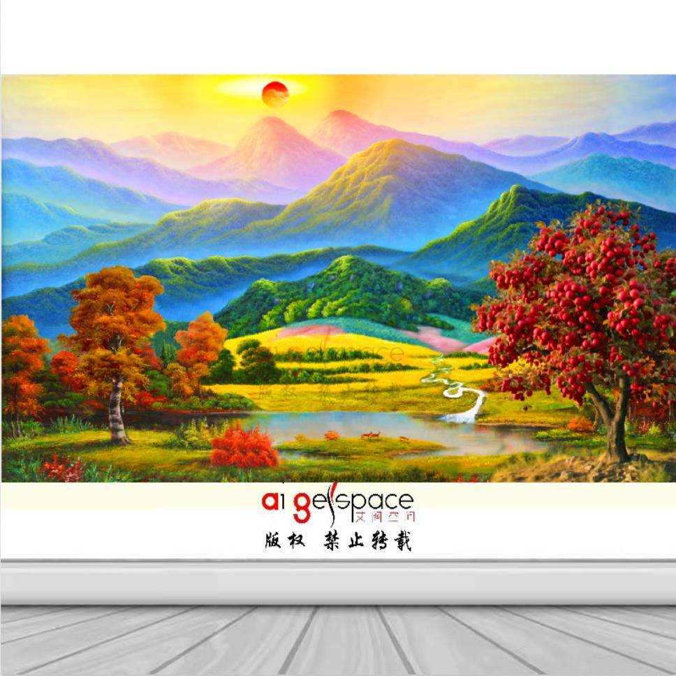 FJ1006定制高清油画8D山水风景日出湖泊背有靠山客厅沙发背景壁画,淘宝优惠券,粉丝福利购,淘宝优惠卷