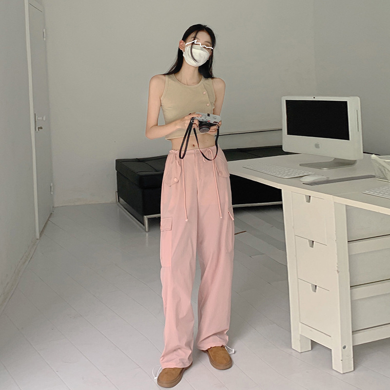 2022新款设计感抽绳甜辣粉色工装裤女四季显瘦宽松薄款百搭休闲裤