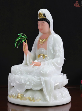 中式风居家描金观世音菩萨汉白玉