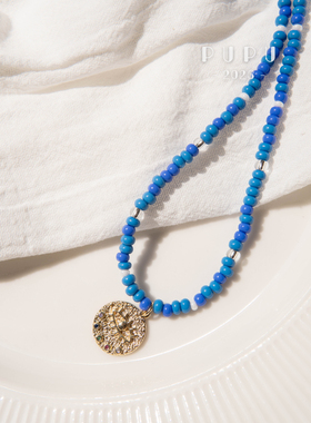 原创蓝色恶魔之眼彩锆吊坠同款彩色甜酷锁骨链小众串珠项链白百何