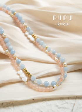 原创法式温柔天然石蓝色粉色玛瑙珍珠爱心百搭锁骨串珠项链女ins