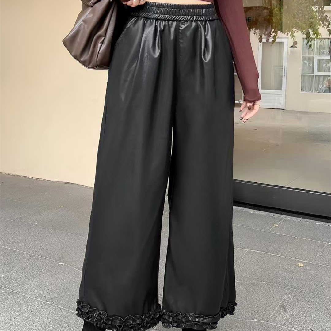 大码2025秋季新款显瘦皮裤木耳边拼接阔腿裤女宽松直筒休闲裤子女 - 图3