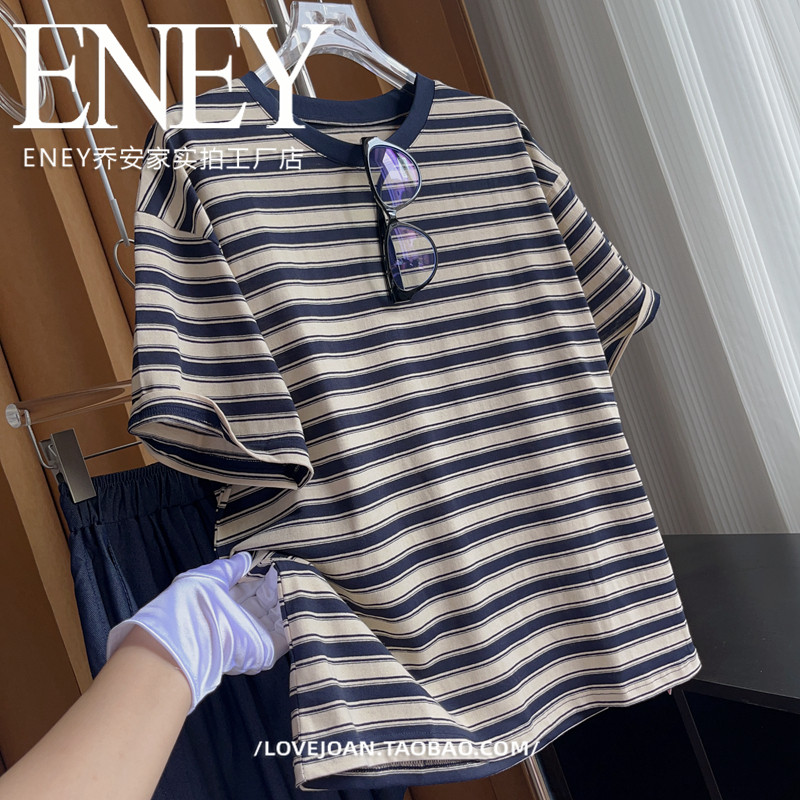 复古条纹短袖T恤女2024年夏季新款宽松大码遮肉慵懒风百搭上衣,淘宝优惠券,粉丝福利购,淘宝优惠卷