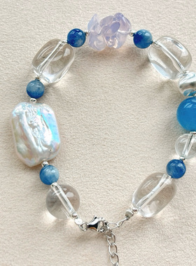 天然白水晶 淡水珍珠 海蓝宝 多宝手链女款单圈手串