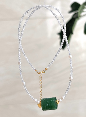 天然白月光石搭配和田玉碧玉回纹项链 女款项链时尚百搭