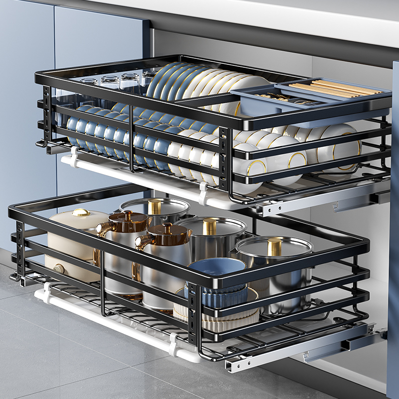 拉篮厨房橱柜抽屉式304不锈钢双层碗碟架碗篮碗柜纳米黑加深碗架