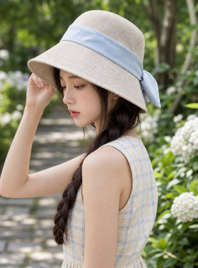 蝴蝶结棉麻渔夫帽女 夏季大檐遮阳盆帽 显脸小出游百搭防晒太阳帽