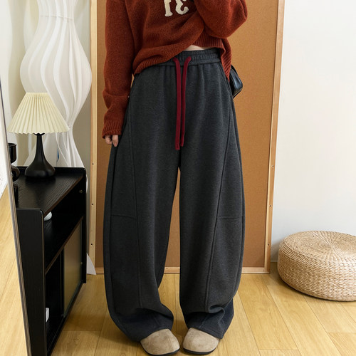 奥粒绒加厚保暖高腰阔腿香蕉裤冬季休闲百搭垂坠感加长弯刀卫裤女 - 图1