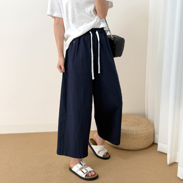 ກາງເກງຜ້າຝ້າຍແລະ linen ລະດູຮ້ອນ breathable ກາງເກງສໍາລັບແມ່ຍິງ, ແອວ elastic ສີແຂງອະເນກປະສົງສໍາລັບຄົນຂະຫນາດນ້ອຍ, slimming ເກົ້າຈຸດຊື່ຂາກ້ວາງ.