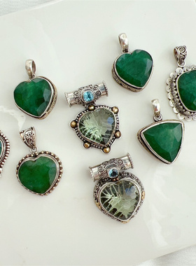 祖母绿宝石水晶尼泊尔925银吊坠