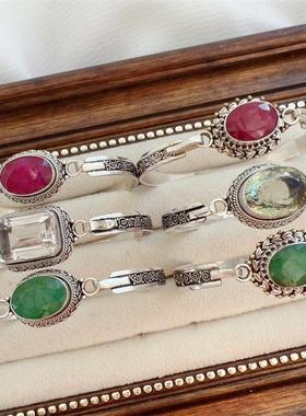 天然宝石手镯尼泊尔925银复古