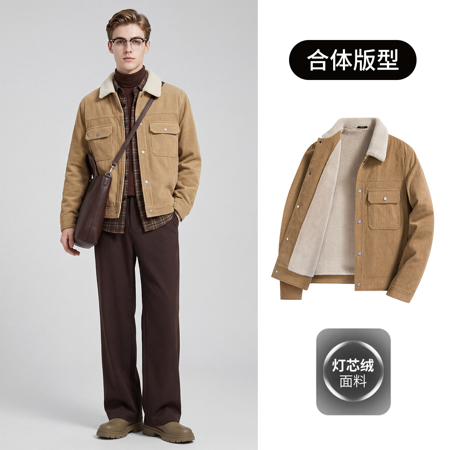 【仿羊羔毛+灯芯绒】圣得西翻领棉衣男冬季新款时尚棉服外套,淘宝优惠券,粉丝福利购,淘宝优惠卷