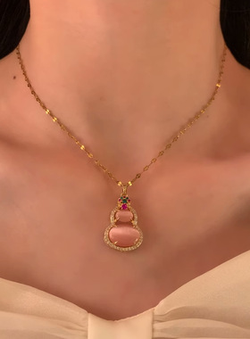 新中式绿色葫芦项链钛钢不掉色金色招财纳福女仿绿水晶轻奢锁骨链
