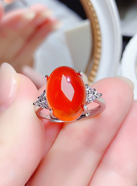 天然红玉髓玛瑙戒指精致银戒女