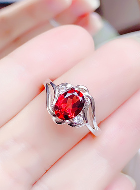 925纯银镶天然酒红石榴石戒指女