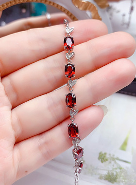时尚纯银天然酒红石榴石手链女