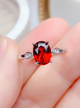纯银天然酒红色石榴石戒指女