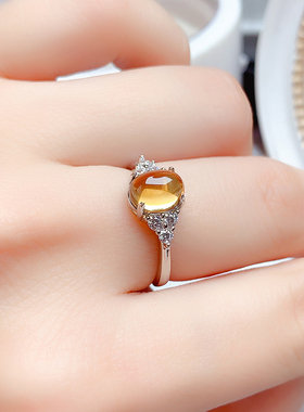 925纯银镶招财天然黄水晶戒指女