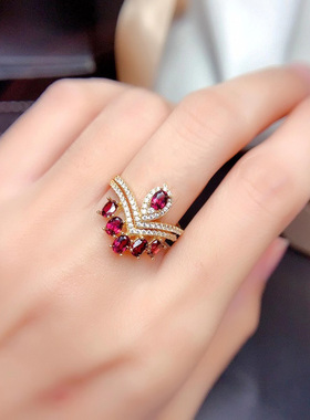 紫牙乌鸽血红日韩风石榴石戒指