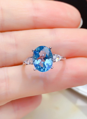 纯银镶嵌天然托帕石戒指开口戒女