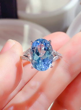 纯银镶嵌天然托帕石戒指开口戒指食指戒女时尚精致蓝宝石戒指女