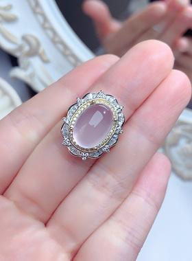 天然粉水晶925纯银镶食指戒开口