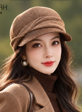 布塔羊毛护耳帽 锦油绸帽檐 秋冬时尚经典百搭丝毛鸭舌帽女PT7023