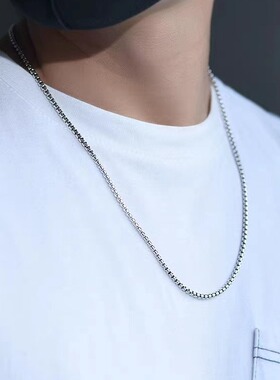 通体纯银项链圆盒子链长款做旧素颜结实毛衣链锁骨链短款粗款结实