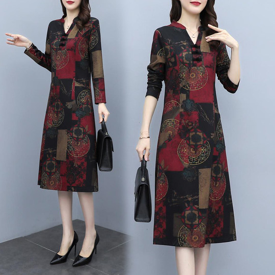 时尚妈妈装改良版旗袍裙中长款春秋新款长袖连衣裙遮肚显瘦打底裙