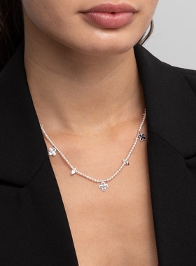 DANCE BLING纯银淡水珍珠项链幸运四叶草吊坠精致优雅银色锁骨链