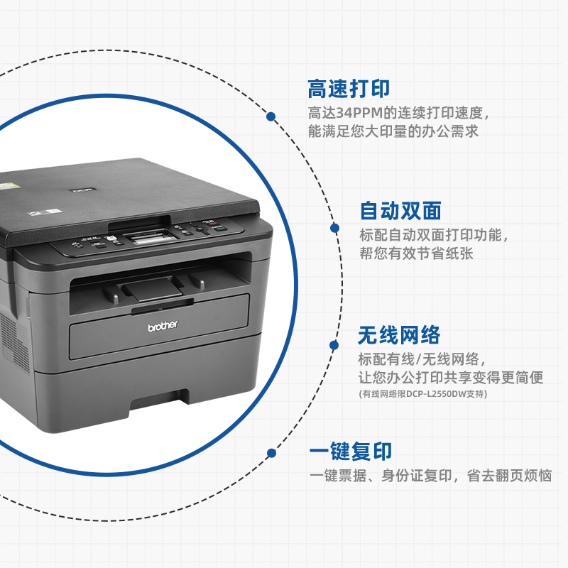 兄弟DCP-L2508DW黑白激光打印机复印扫描一体机家用小型手机无线wifi网络自动双面打印高速办公专用a4 2548DW