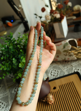 天然和田玉 8mm且末蓝带糖圆珠妈妈链