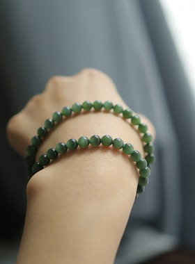 天然和田玉鸭蛋青猫眼双圈手串