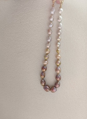 原创设计鎏金粉紫天然淡水珍珠项链女小众高级感混 巴洛克风女