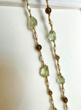 原创设计天然无优化绿水晶茶晶淡水珍珠项链女小众高级感女毛衣链