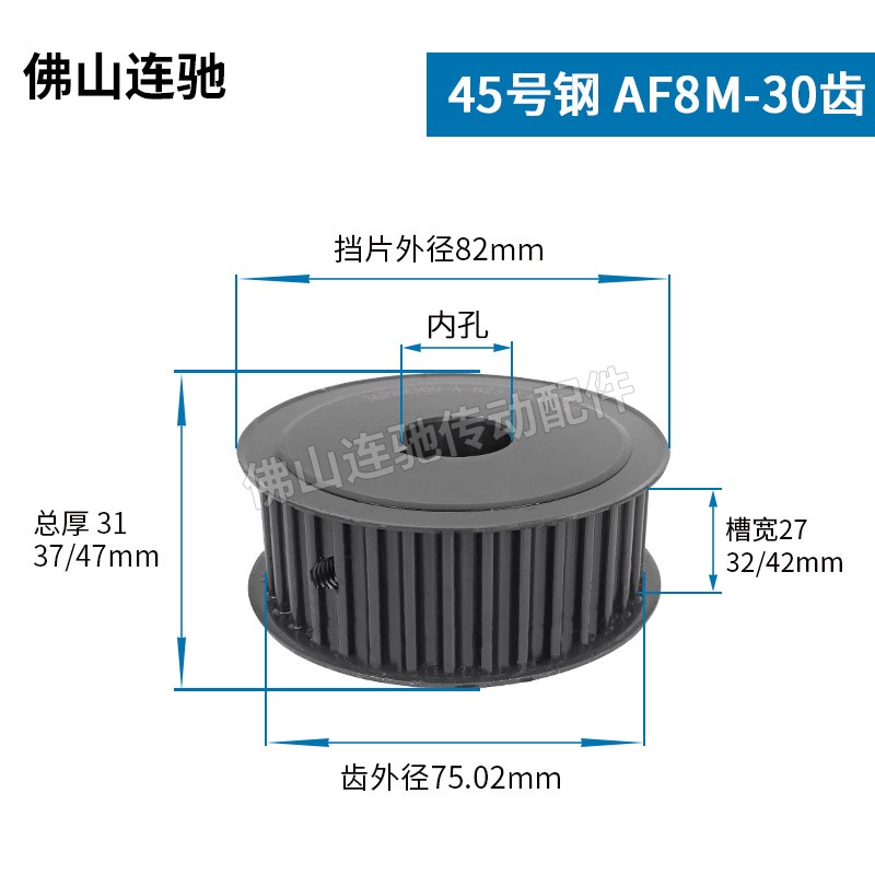 45号钢8M30齿T通孔同步皮带轮 AF型 槽宽22/27/32/42内孔14-50mm - 图0